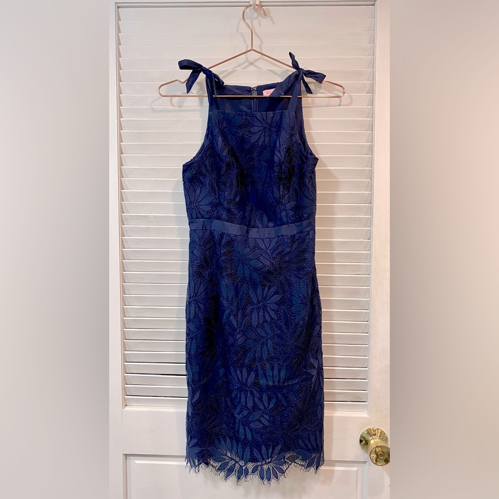 Lily Putlizer Lace Navy Blue Dress with Shoulder Ties